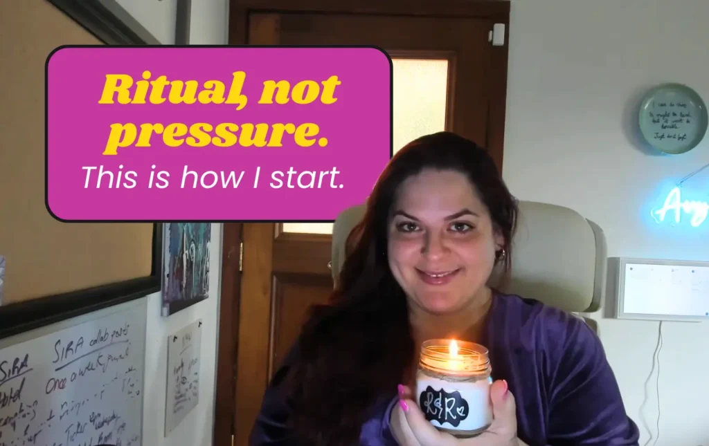 Avy lighting a candle at her desk, opening her task board—representing an ADHD-friendly focus ritual and calm system design.